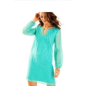 Lilly Pulitzer Colby Silk Tunic Dress Torquise/Gold Crinkle Beaded Jacquard 00